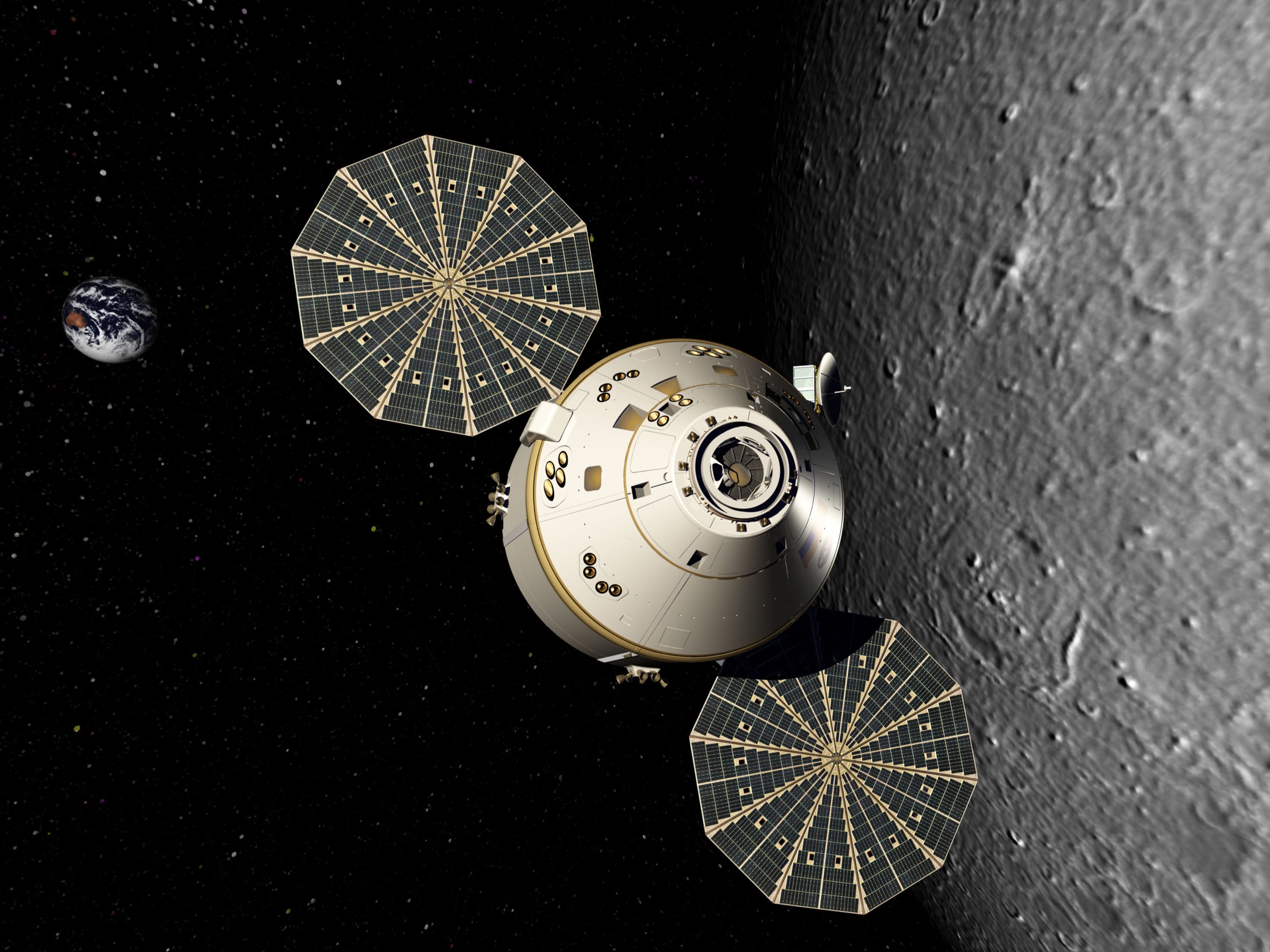 An artist rendering of a spacecraft near the lunar surface. In the absence of forces in space, this space capsule will maintain its current velocity.